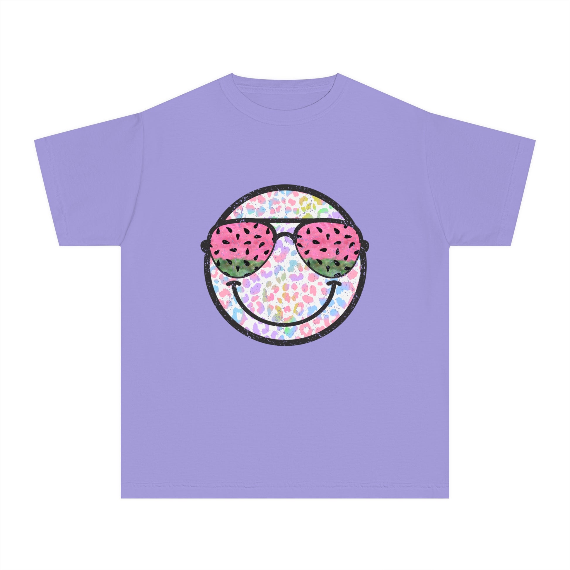 Kids’ summer t-shirt with a leopard print smiley face and watermelon sunglasses. Soft, durable cotton, available in youth sizes XS-XL. Perfect for summer activities.