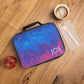 Custom insulated lunch box for kids featuring a trendy pink and blue ombre swirl design. This personalized lunch bag can be customized with your child's name, initials, or monogram. Measuring 9.5” x 7" x 2.8", it's perfect for packing lunches or snacks, easy to carry, and ideal for school or outings