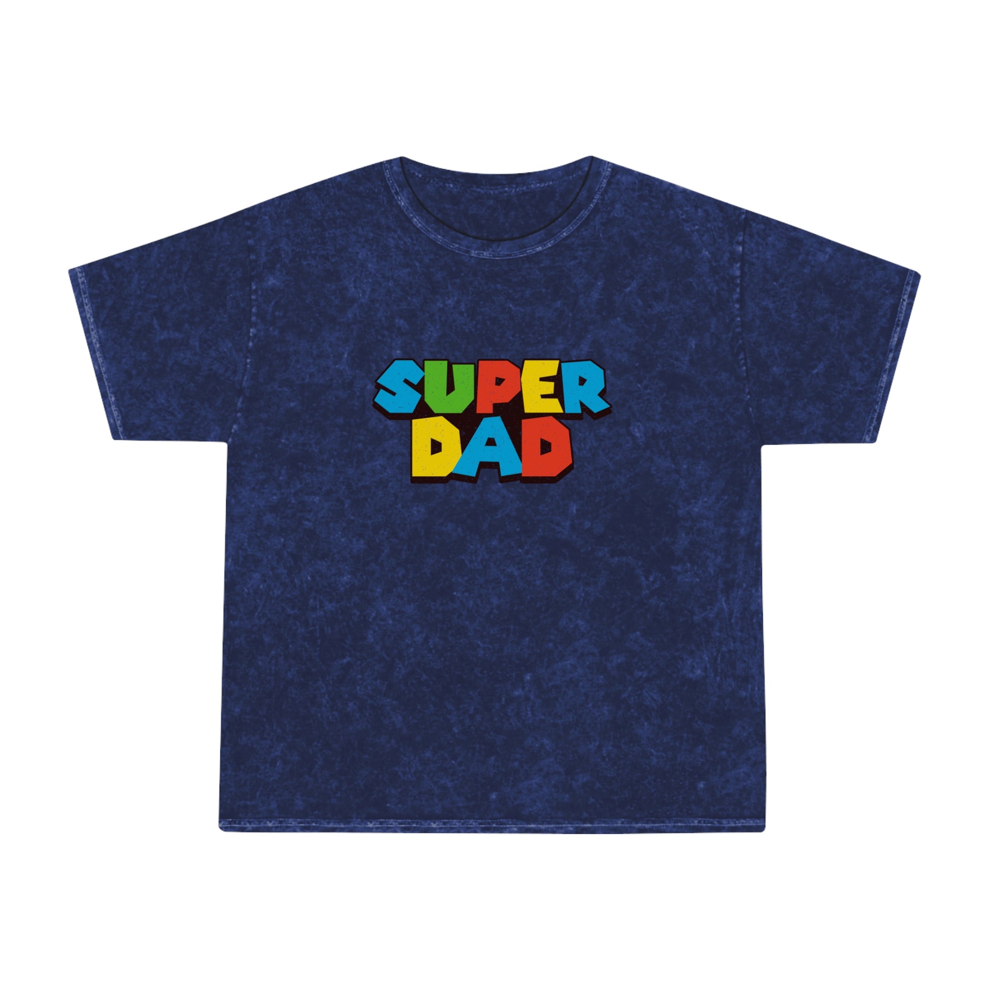 Super Mario-inspired retro 80s Father’s Day shirt for gamer dads. Soft 100% cotton with a nostalgic mineral wash effect, featuring a classic crewneck and 'SUPER DAD' graphic in colorful block letters. Available in black, gray, navy, and purple, men’s sizes small to 2XL. Perfect geeky dad gift for birthdays or Father’s Day.