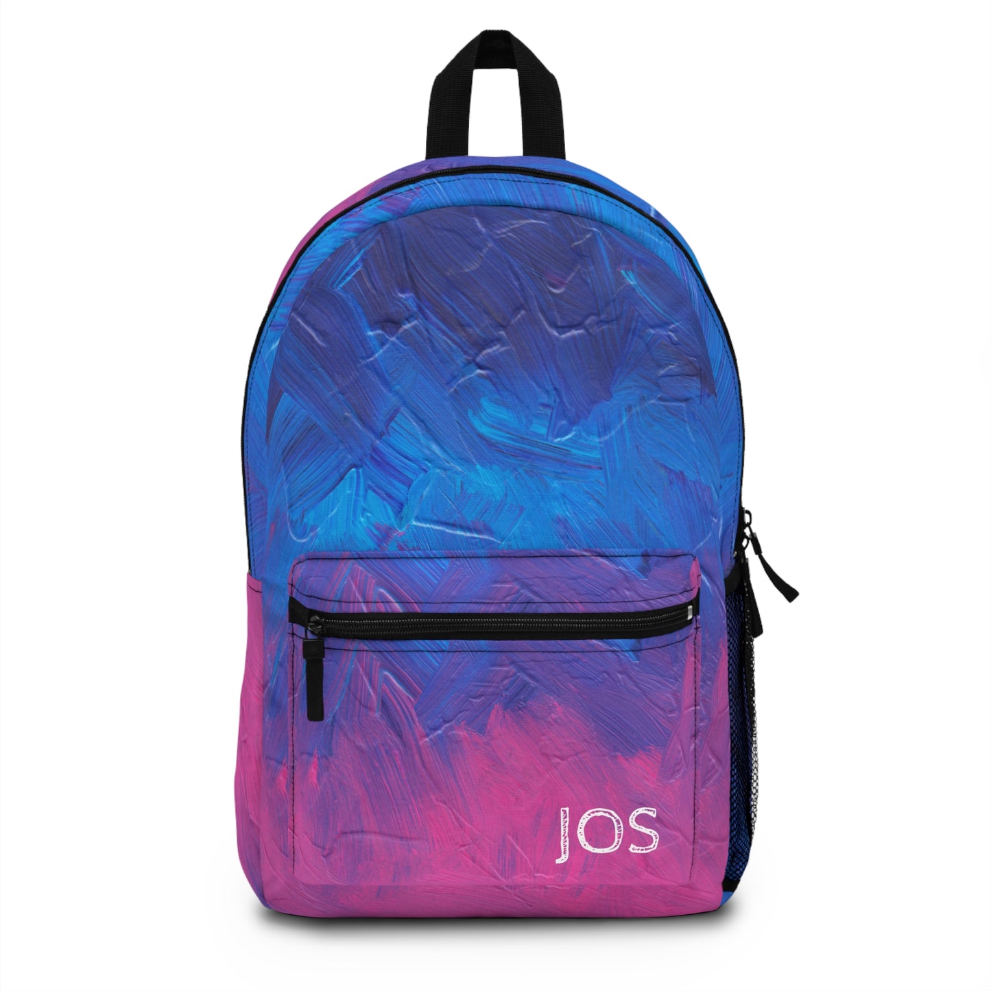 Personalized ombre backpack featuring a unique blue and pink brushstroke design, customizable with initials or a name. This trendy bag includes a roomy main compartment, front zippered pocket, and water bottle holder, making it perfect for school or camp. Ideal for kids, teens, and college students.