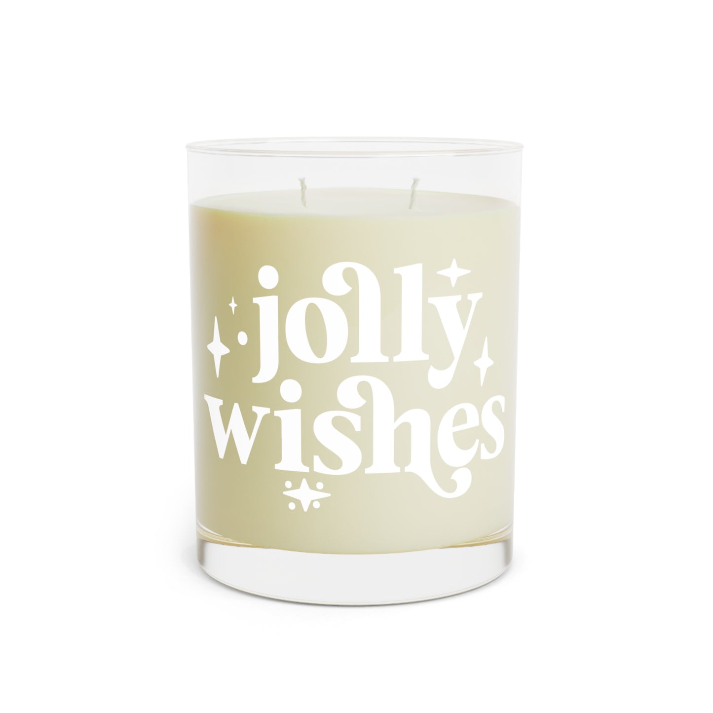 Jolly Wishes Holiday Candle, 11oz soy wax with white tea and fig scent, 65-hour burn time, eco-friendly holiday decor with juicy citrus and lavender notes.