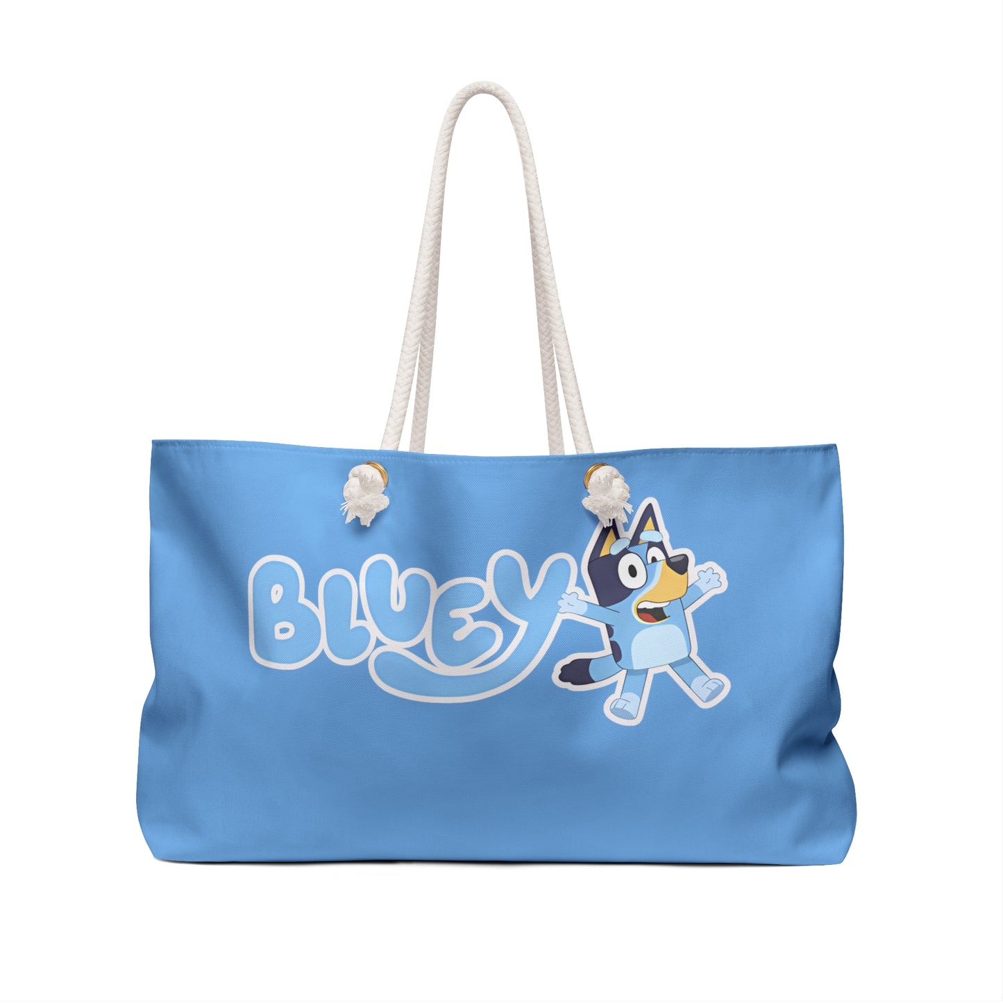 Blue tote bag featuring cartoon dogs discussing pool safety essentials, with text 'Boring Pool Things (That Are Still Important!)', designed with a playful and educational theme.