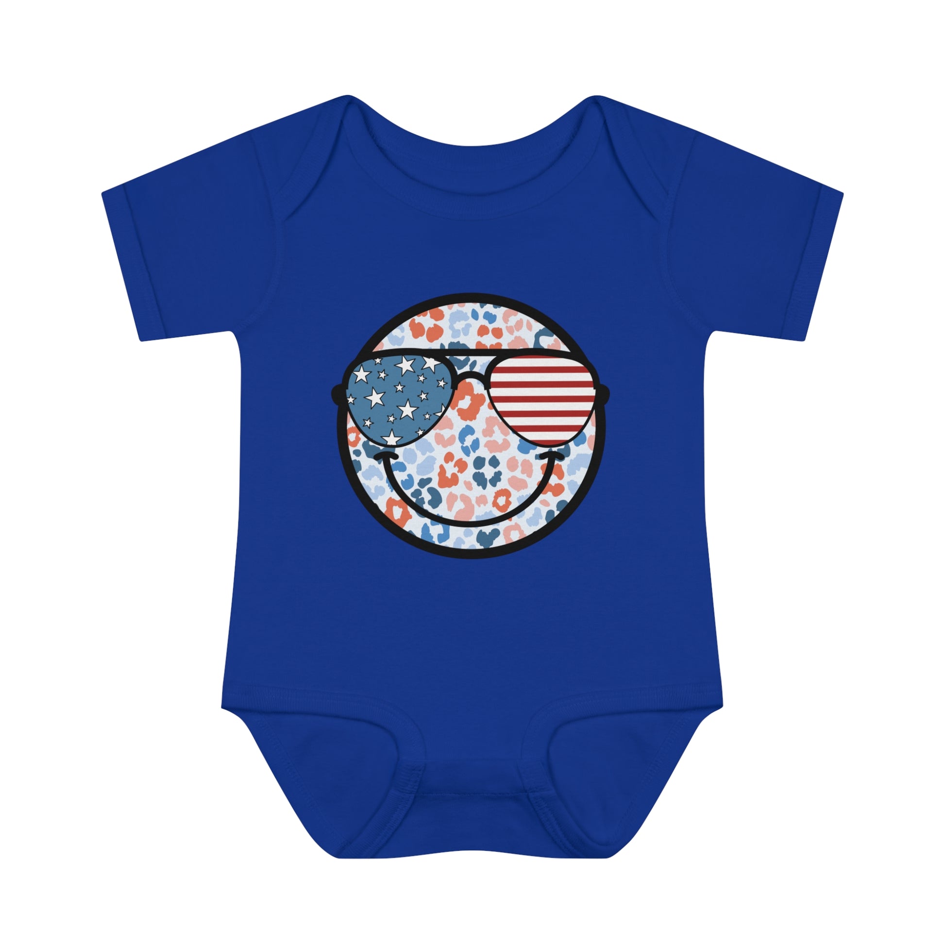 Retro Smiley Face Sunglasses Onesie featuring Patriotic 'Let Freedom Ring' design for Fourth of July celebrations. Vintage style comfort colors t-shirt with smiling happy face and USA flag sunglasses.