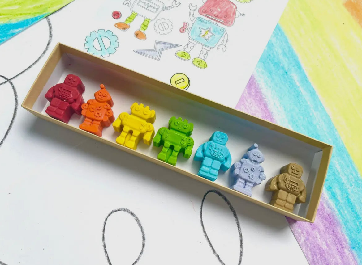 Eco-friendly Robot Crayons made from recycled and upcycled materials, packaged in a stylish box. Great for parties, classrooms, or as unique gifts.