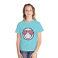 Kids’ summer t-shirt with a leopard print smiley face and watermelon sunglasses. Soft, durable cotton, available in youth sizes XS-XL. Perfect for summer activities.