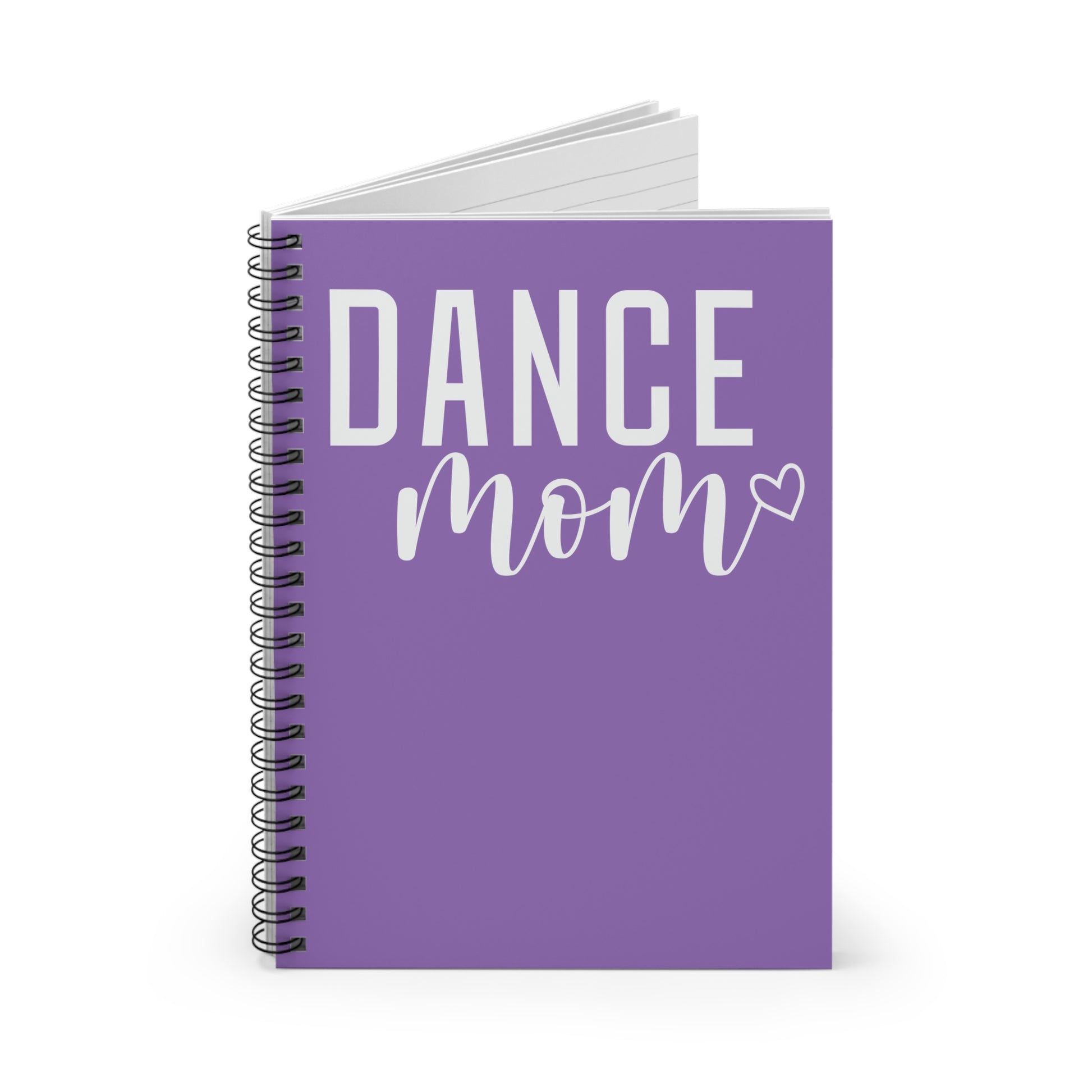 Dance Mom’ spiral notebook, perfect for tracking schedules and notes, 118 ruled pages, durable 350 gsm cover, 90 gsm inside pages, 6" x 8" size, dark grey back cover, metal spiral binding, fun design for proud dance moms, versatile for all notes