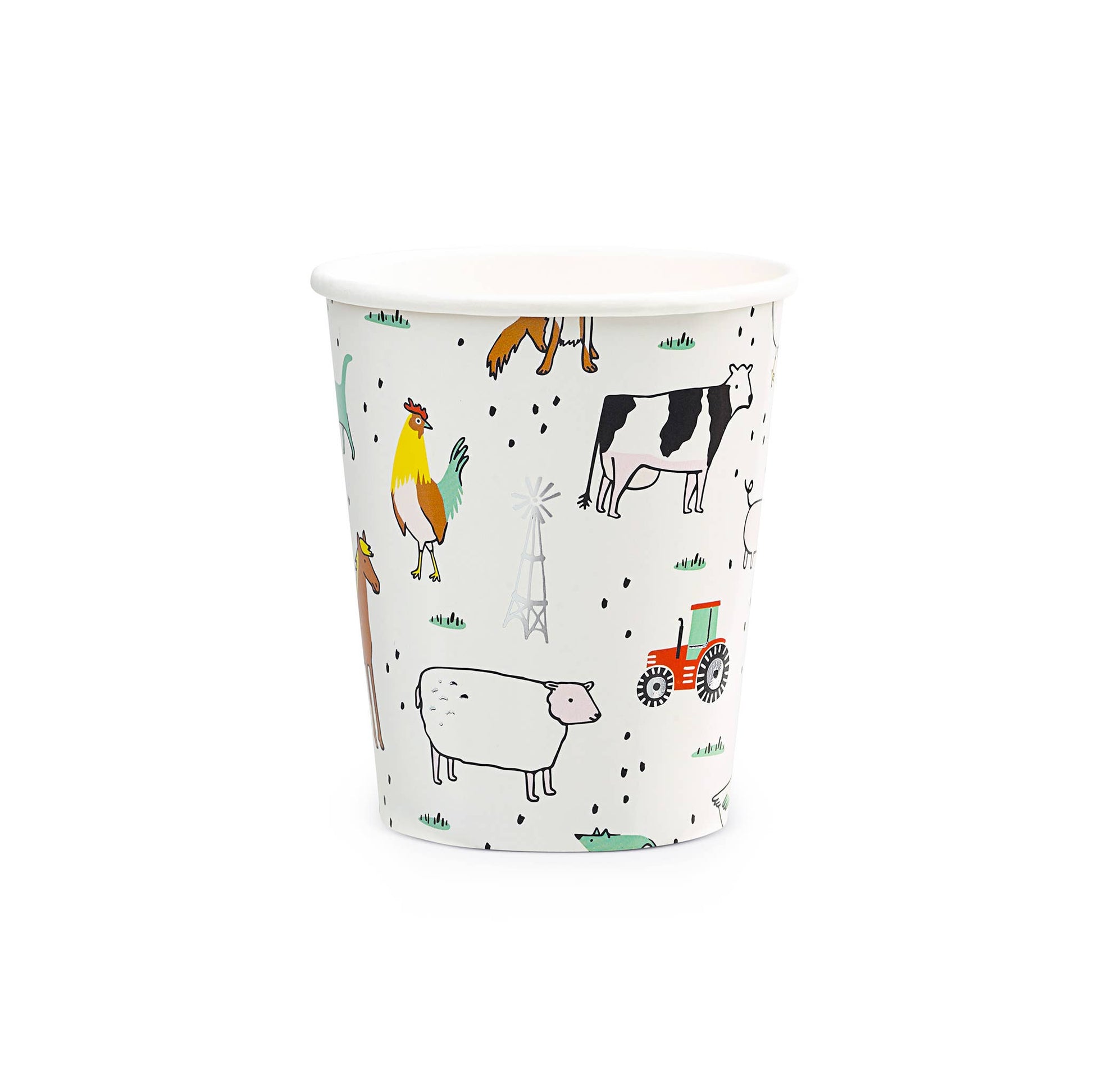 Farm-themed paper cups with silver foil accents, illustrated by Lindsey Balbierz for Daydream Society. Perfect for parties, these 9 oz cups are ideal for hot or cold beverages, with a fun cow party vibe. Pack of 8 disposable cups, measuring 3.5 inches tall and 3 inches wide, perfect for your next farm-inspired event.