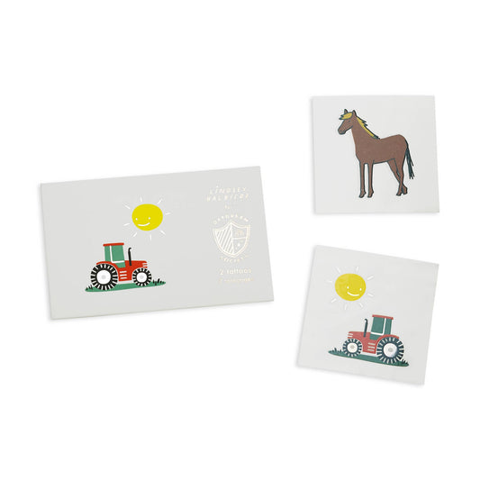 Farm-themed temporary tattoos with silver foil accents, illustrated by Lindsey Balbierz for Daydream Society. Safe and non-toxic, each set includes 2 tattoos (2.5 inches square) with cute farm animal designs. Perfect for barnyard or cow-themed parties, packaged in a cardstock envelope.