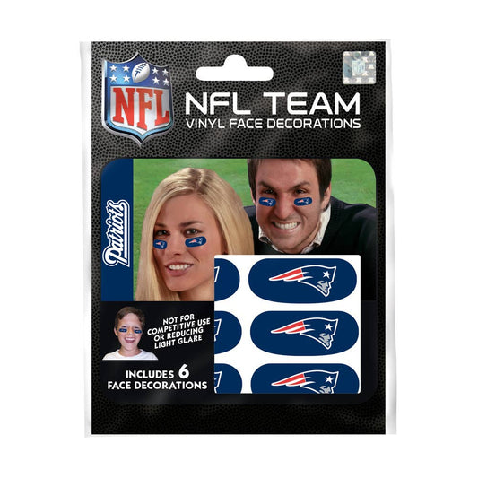 Removable adhesive NFL face decals with vinyl eye black strips and team logos, perfect for game day, tailgates, and parties.