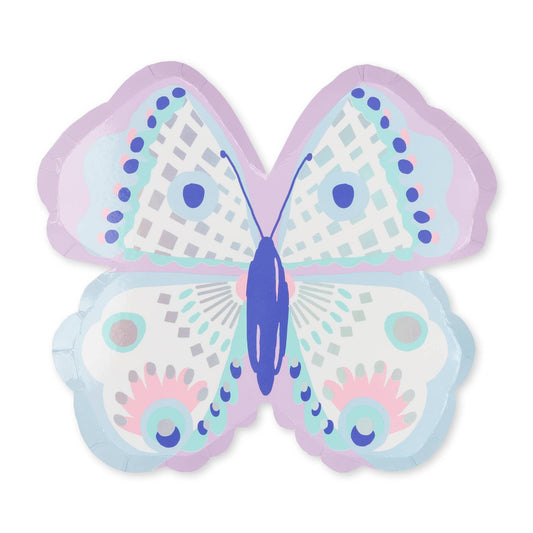 Pastel Butterfly Plates with Holographic Silver Foil Elements, Ideal for Butterfly, Fairy, and Garden Parties, Illustrated by Lillian Farag, Package of 8, Each Plate Measures 10 Inches Wide