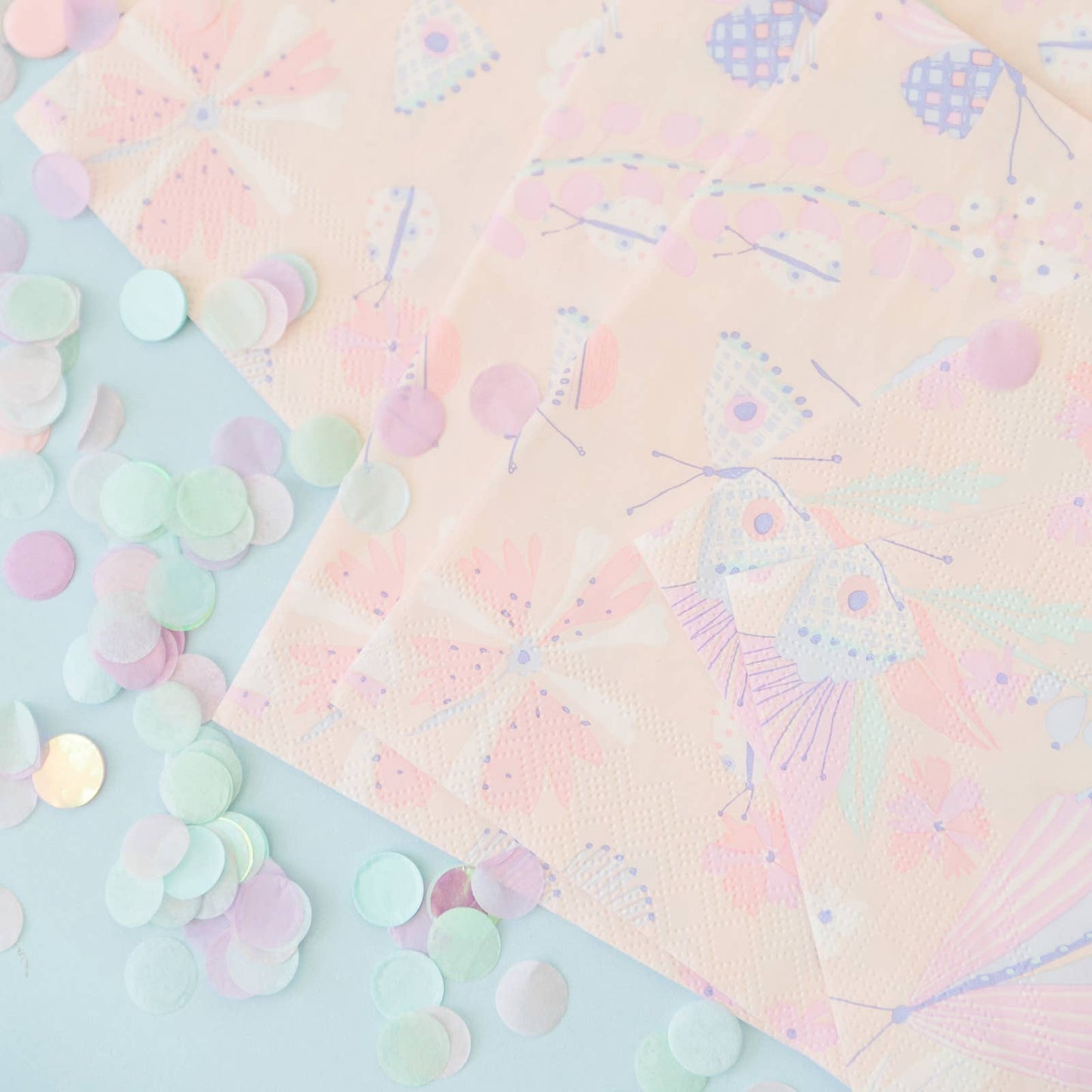 Pastel Butterfly Napkins Illustrated by Lillian Farag, Perfect for Butterfly, Fairy, and Garden Parties, Package of 16, Each Napkin Measures 6.5 Inches Folded.