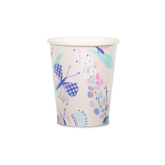 Pastel Butterfly Cups with Holographic Silver Foil Elements, Perfect for Butterfly, Fairy, and Garden Parties, Package of 8, 9 oz Capacity, Designed by Lillian Farag