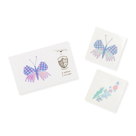 Holographic Silver Foil Butterfly Tattoos Illustrated by Lillian Farag, Safe and Non-Toxic, Package Contains 2 Tattoos (1 Each of 2 Designs), Each Measuring 2.5 Inches Square.