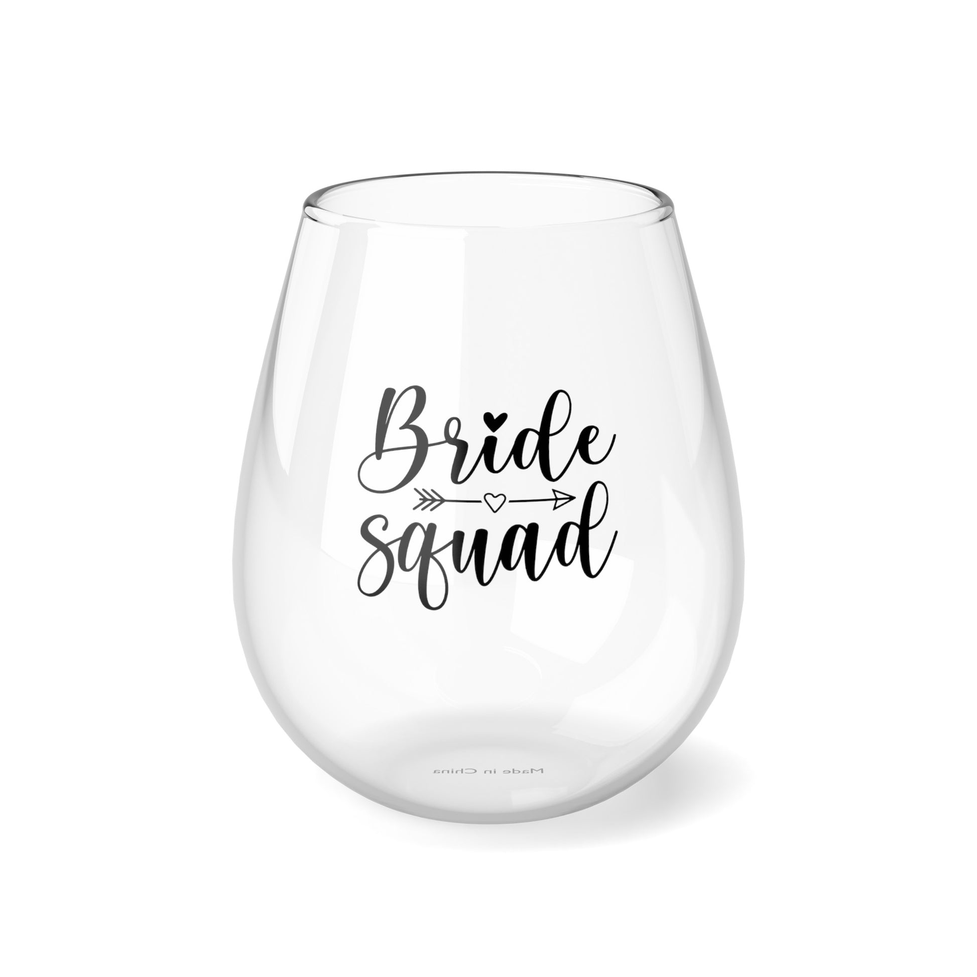 11.75oz stemless Bride Squad wine glass featuring a cute arrow and hearts motif, perfect for bachelorette parties, bridal showers, and bridesmaid proposals. Hand-wash only, this glass tumbler celebrates love and friendship, making it an ideal gift for the bridal party.