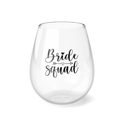 11.75oz stemless Bride Squad wine glass featuring a cute arrow and hearts motif, perfect for bachelorette parties, bridal showers, and bridesmaid proposals. Hand-wash only, this glass tumbler celebrates love and friendship, making it an ideal gift for the bridal party.