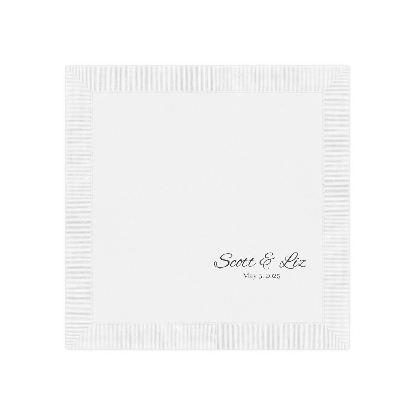 Set of personalized three-ply white napkins available in luncheon (6.5" x 6.5") and beverage (4.8" x 4.8") sizes. Perfect for weddings, birthday parties, and special events, these custom napkins can be personalized with names and event dates, making them a unique gift for brides and grooms. Elevate your celebrations with these stylish and functional napkins, ideal for toasting life, love, and friendship!