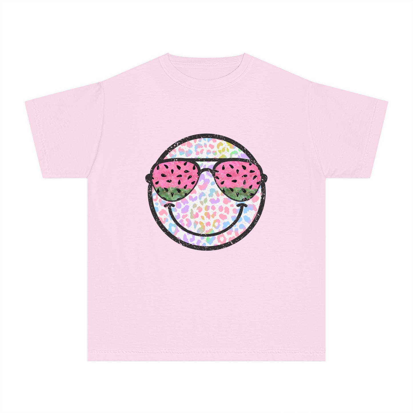 Kids’ summer t-shirt with a leopard print smiley face and watermelon sunglasses. Soft, durable cotton, available in youth sizes XS-XL. Perfect for summer activities.