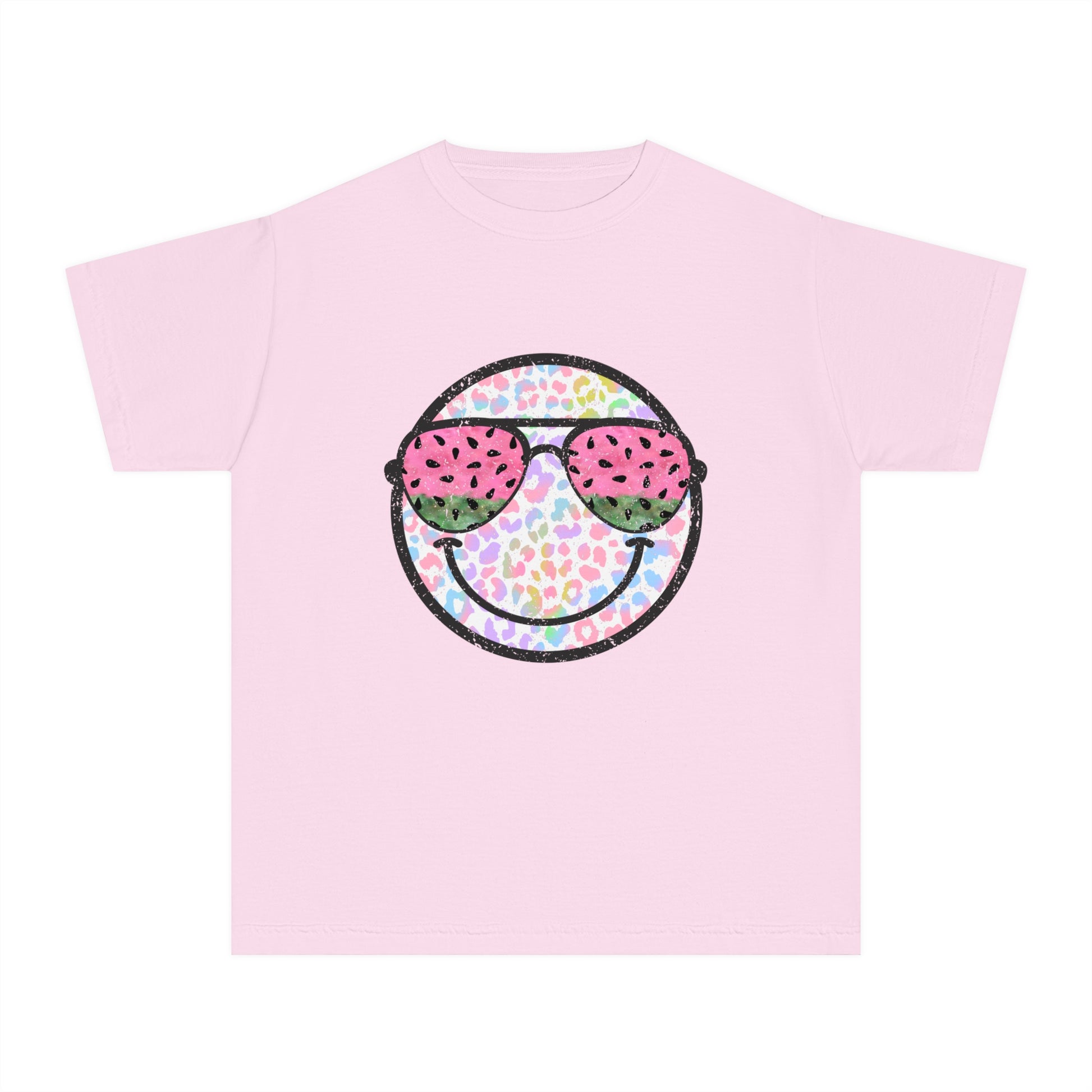 Kids’ summer t-shirt with a leopard print smiley face and watermelon sunglasses. Soft, durable cotton, available in youth sizes XS-XL. Perfect for summer activities.