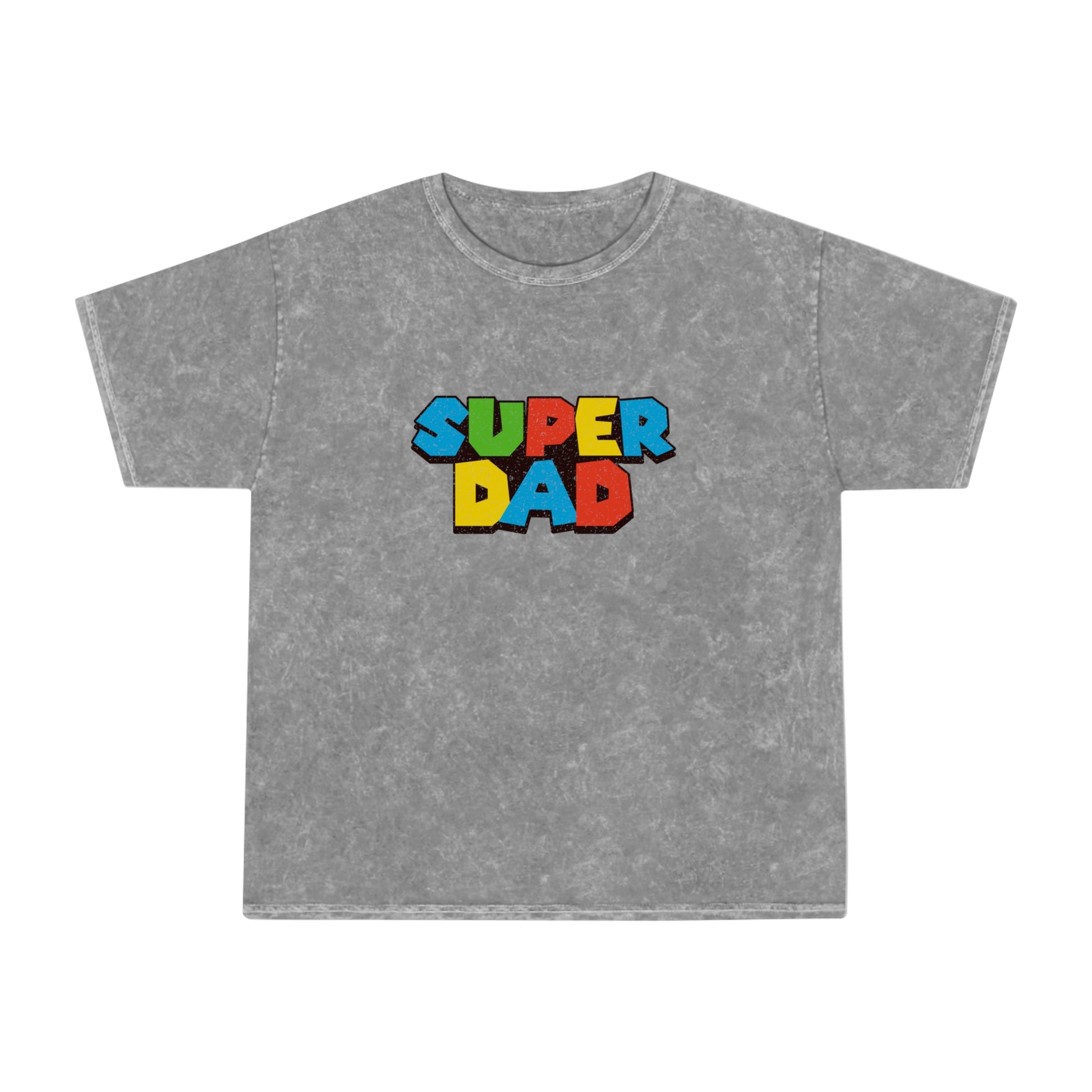 Super Mario-inspired retro 80s Father’s Day shirt for gamer dads. Soft 100% cotton with a nostalgic mineral wash effect, featuring a classic crewneck and 'SUPER DAD' graphic in colorful block letters. Available in black, gray, navy, and purple, men’s sizes small to 2XL. Perfect geeky dad gift for birthdays or Father’s Day.