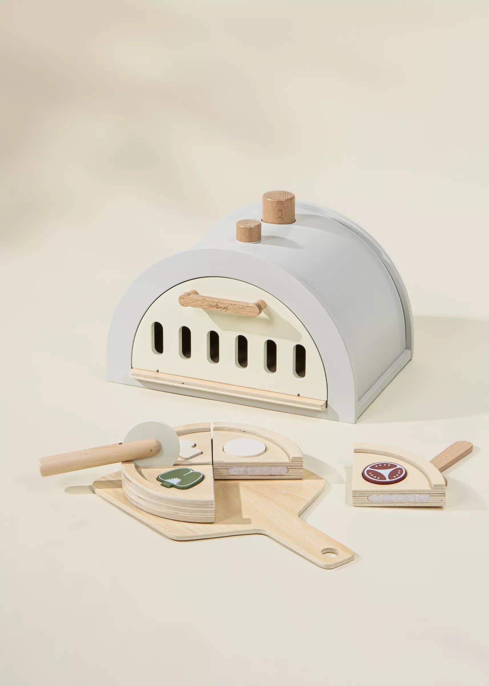 Wooden Pizza Oven Playset for kids with oven, 4 pizza slices, tomato, onion, mushroom, green pepper, pizza peel, cutter, and pie server. 