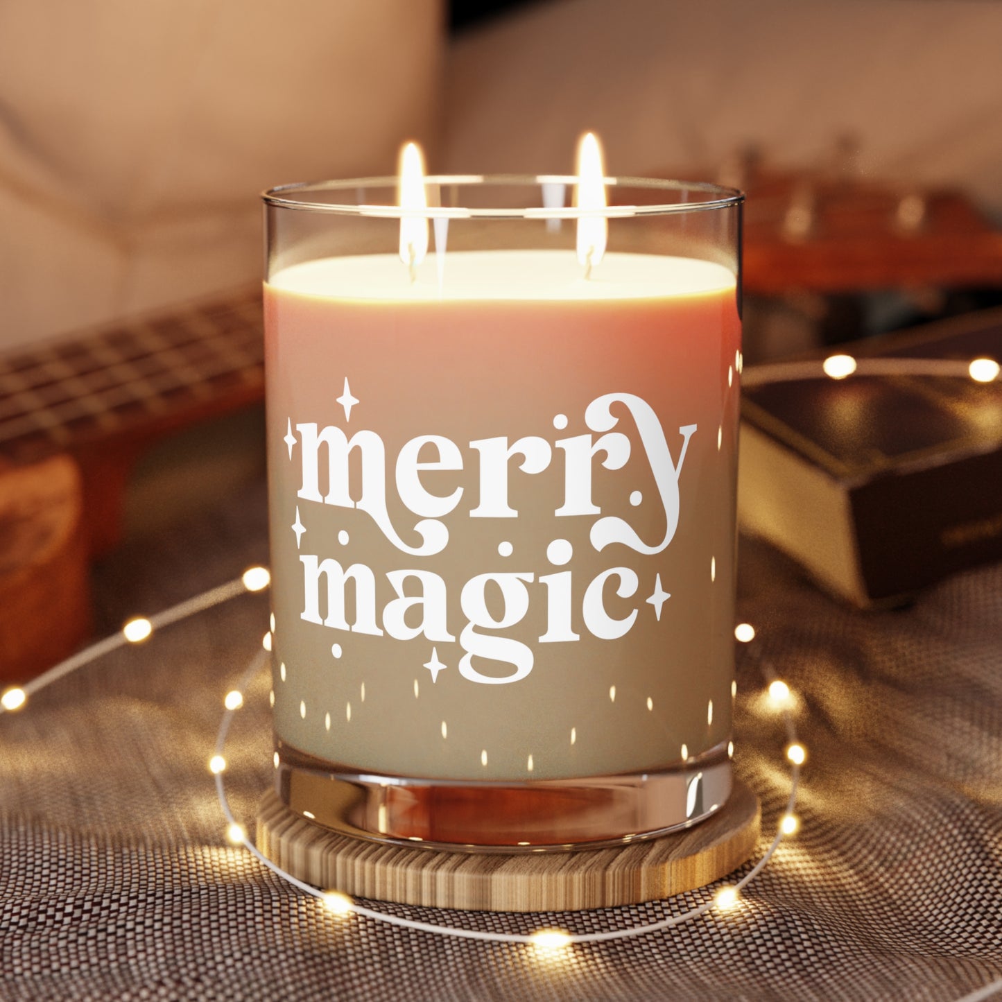 Merry Magic Holiday Candle made of eco-friendly soy wax with white tea and fig scent, featuring two cotton-cored wicks and a sturdy cardboard lid. Perfect for holiday gatherings and home decor. Long-lasting 65-hour burn time, ideal as a unique gift idea for candle lovers and self-care enthusiasts.