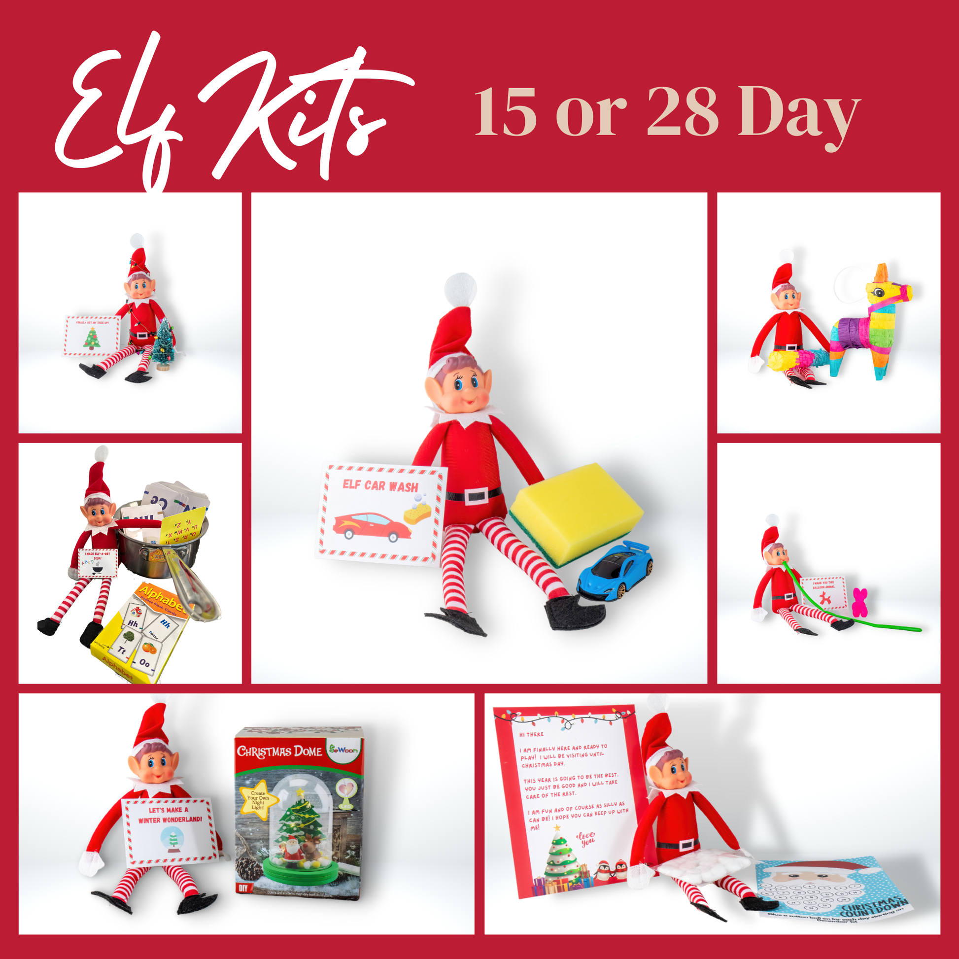 Elf Antics Kit for Christmas, available in 12-day and 24-day options with bonus days, featuring pre-planned elf scenes, activities like movie night, elf car wash, and balloon animals, perfect for holiday fun.