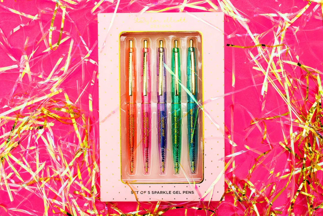 Fun and stylish pen set featuring sparkly gel ink, perfect for expressing creativity. Includes 5 pens in a beautifully designed gift box.