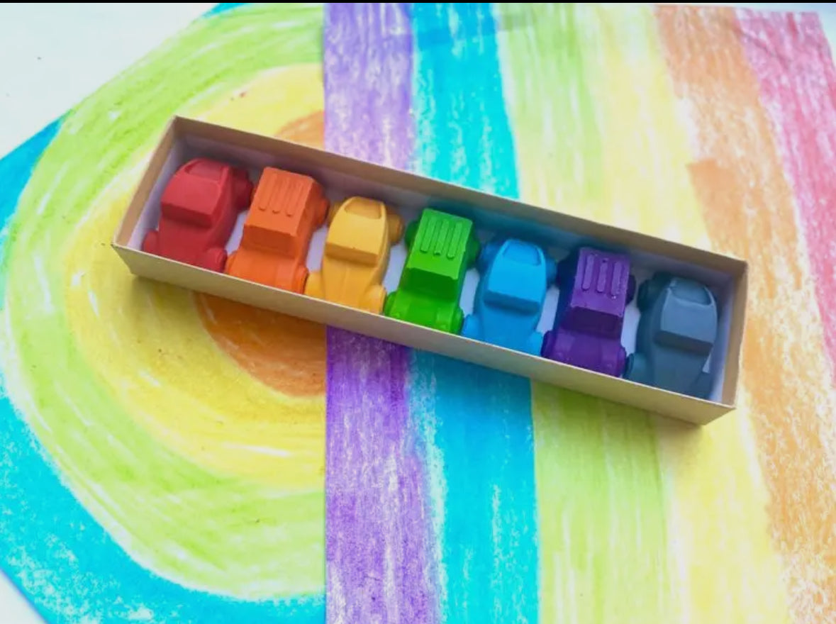 Cars Crayons Gift Set made from 100% non-toxic, recycled materials. Includes 7 colorful crayons in assorted shades like red, green, blue, and more. Perfect as stocking stuffers, party favors, or classroom gifts. Each crayon measures 2" long, 1" wide.