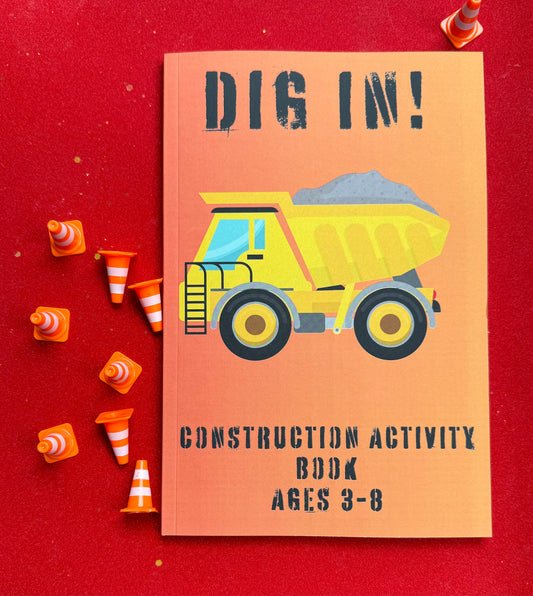 Dig In’ Construction Coloring and Activity Book, 90 pages of fun for kids ages 3-8, features coloring pages, cutting activities, dot markers, drawing tutorials, and mazes. Enhances creativity, perfect as a party favor or gift, pairs with themed crayons