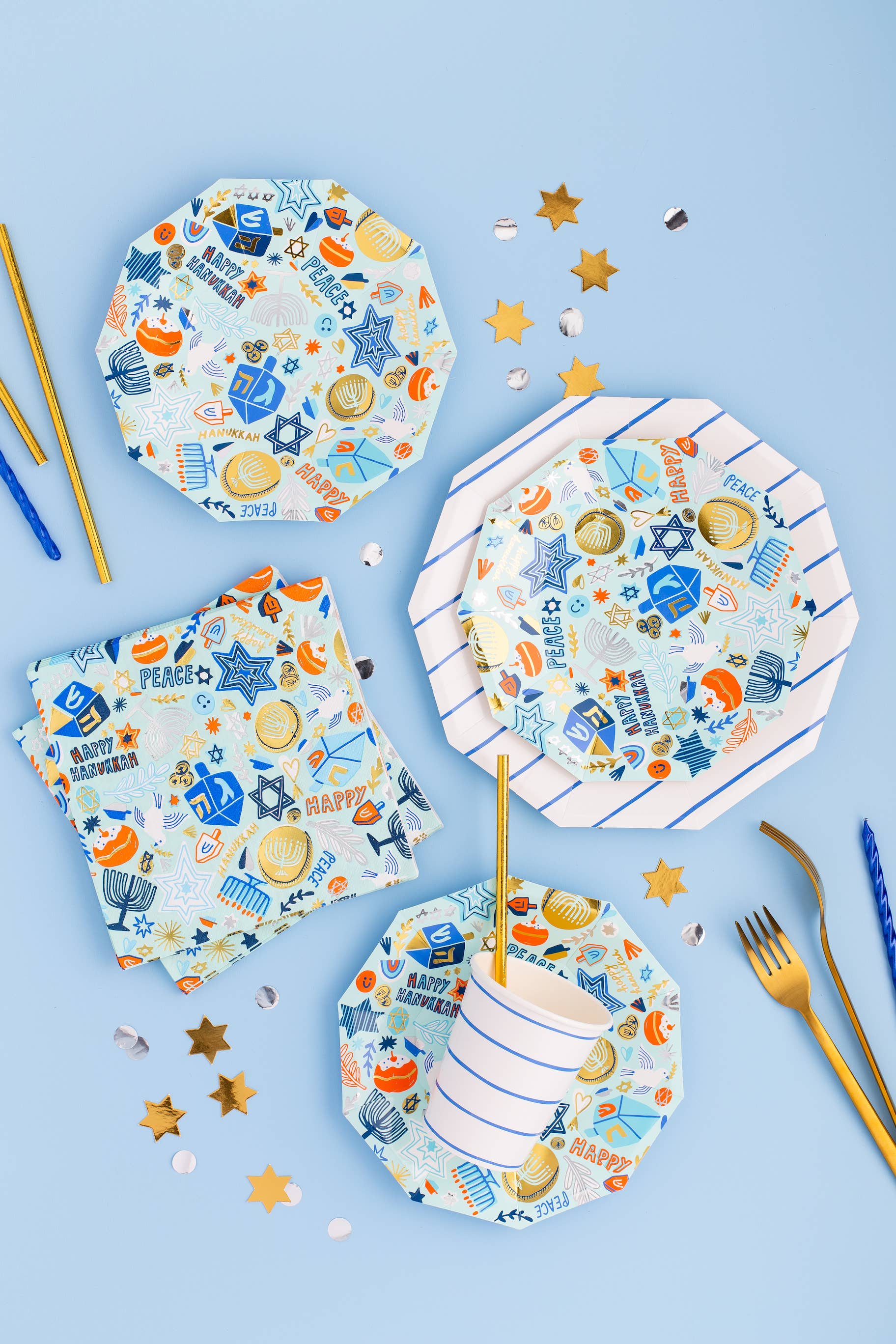 Festive Hanukkah napkins with gold and silver foil, 6.5 inches, 16-pack; designed by Jordan Sondler for Daydream Society, perfect for the festival of lights.