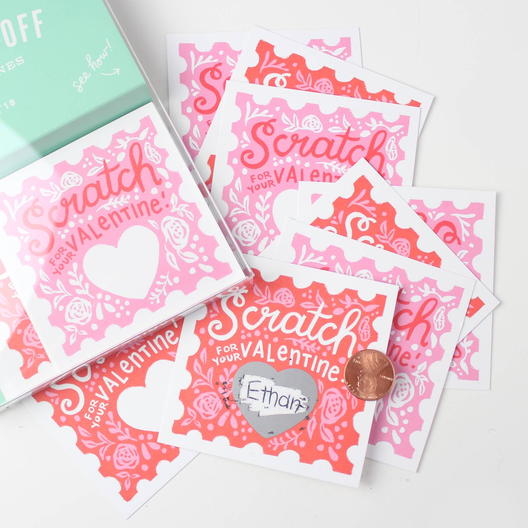 DIY Scratch-Off Valentines Kit: 18 cards (pink & red), scratch-off stickers included. Add a personal touch with handwritten messages!