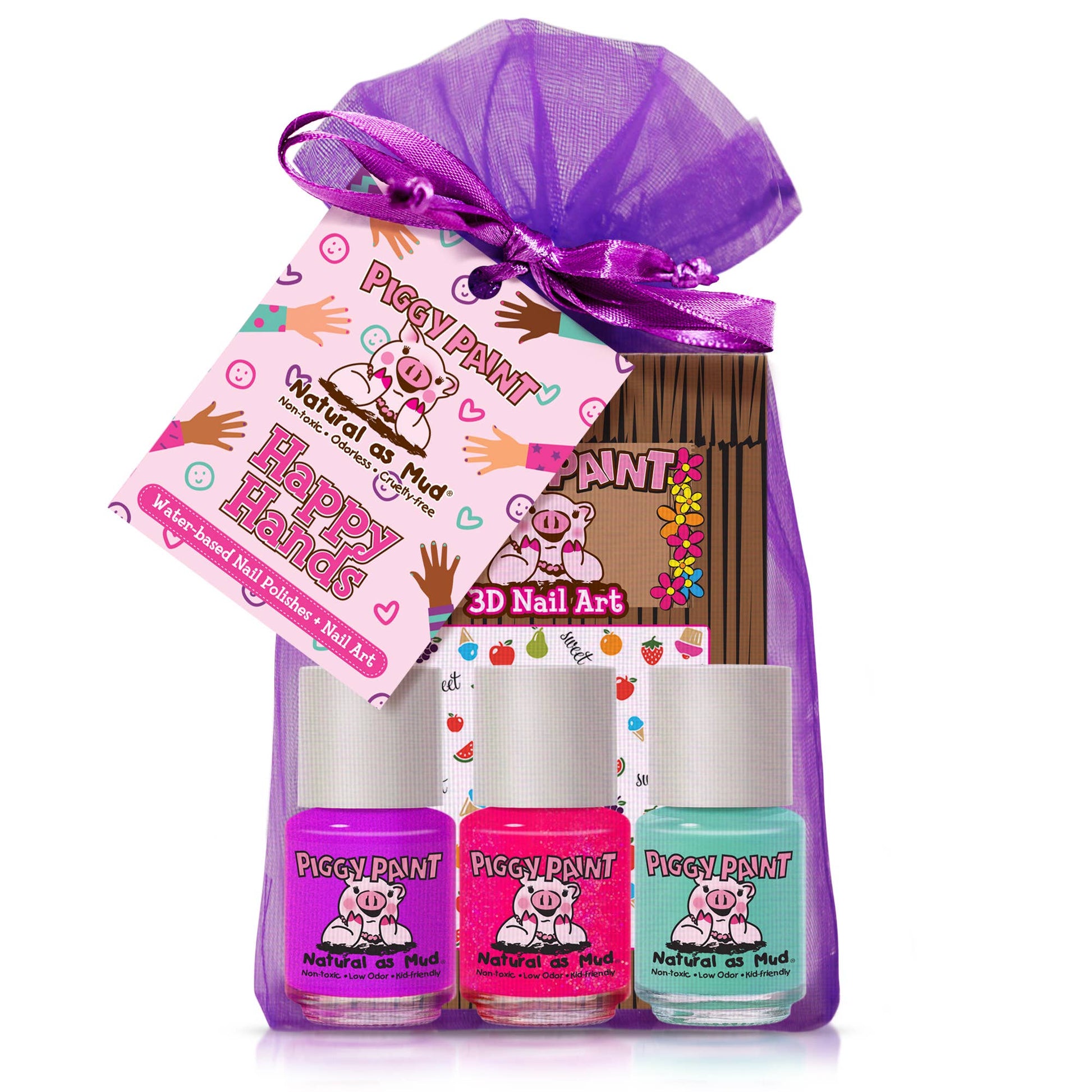 Piggy Paint Groovy Grape Nail Set featuring three fun, non-toxic nail polishes (Groovy Grape, Neon Lights, Sea Ya Later) and Sweetie-themed nail art. Safe for kids and pregnancy, cruelty-free, vegan, and made in the USA.