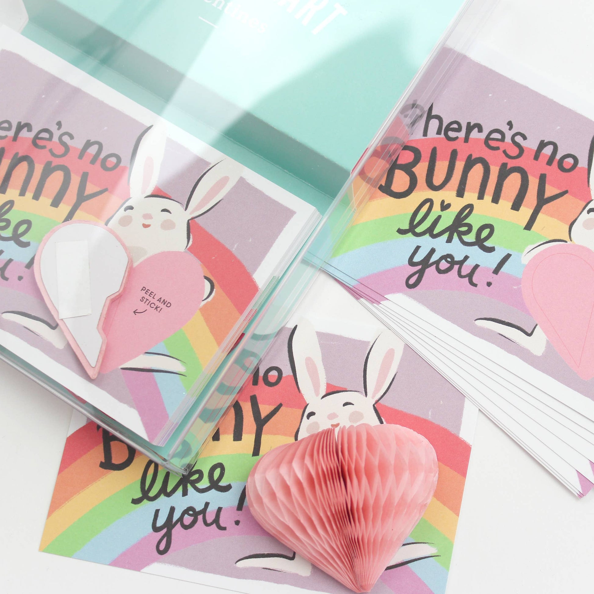 There's No Bunny Like You Pop-Up Valentines: 18 cards with pop-up tissue hearts, perfect for cute and interactive exchanges! Sustainably printed in the USA