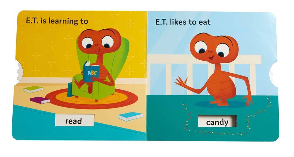 E.T.'s First Words board book for early learners with interactive wheels for language development, featuring iconic scenes from E.T. the Extra-Terrestrial. Kids learn words like 'read,' 'candy,' and 'home' in a playful, nostalgic format.