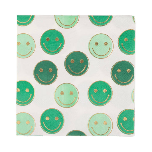 Set of 18 St. Patrick’s Day cocktail napkins – 5"x5" with gold foil smiling shamrocks, festive & fun!