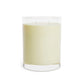 Merry Magic Holiday Candle made of eco-friendly soy wax with white tea and fig scent, featuring two cotton-cored wicks and a sturdy cardboard lid. Perfect for holiday gatherings and home decor. Long-lasting 65-hour burn time, ideal as a unique gift idea for candle lovers and self-care enthusiasts.