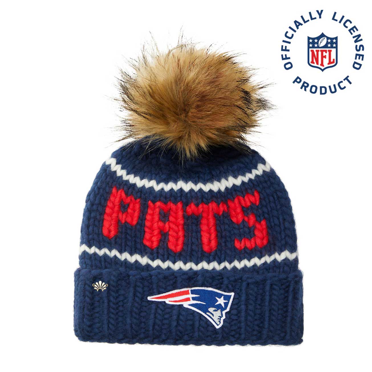 Hand-knit New England Patriots beanie made of 100% merino wool, with 'Pats' stitching and team logo.