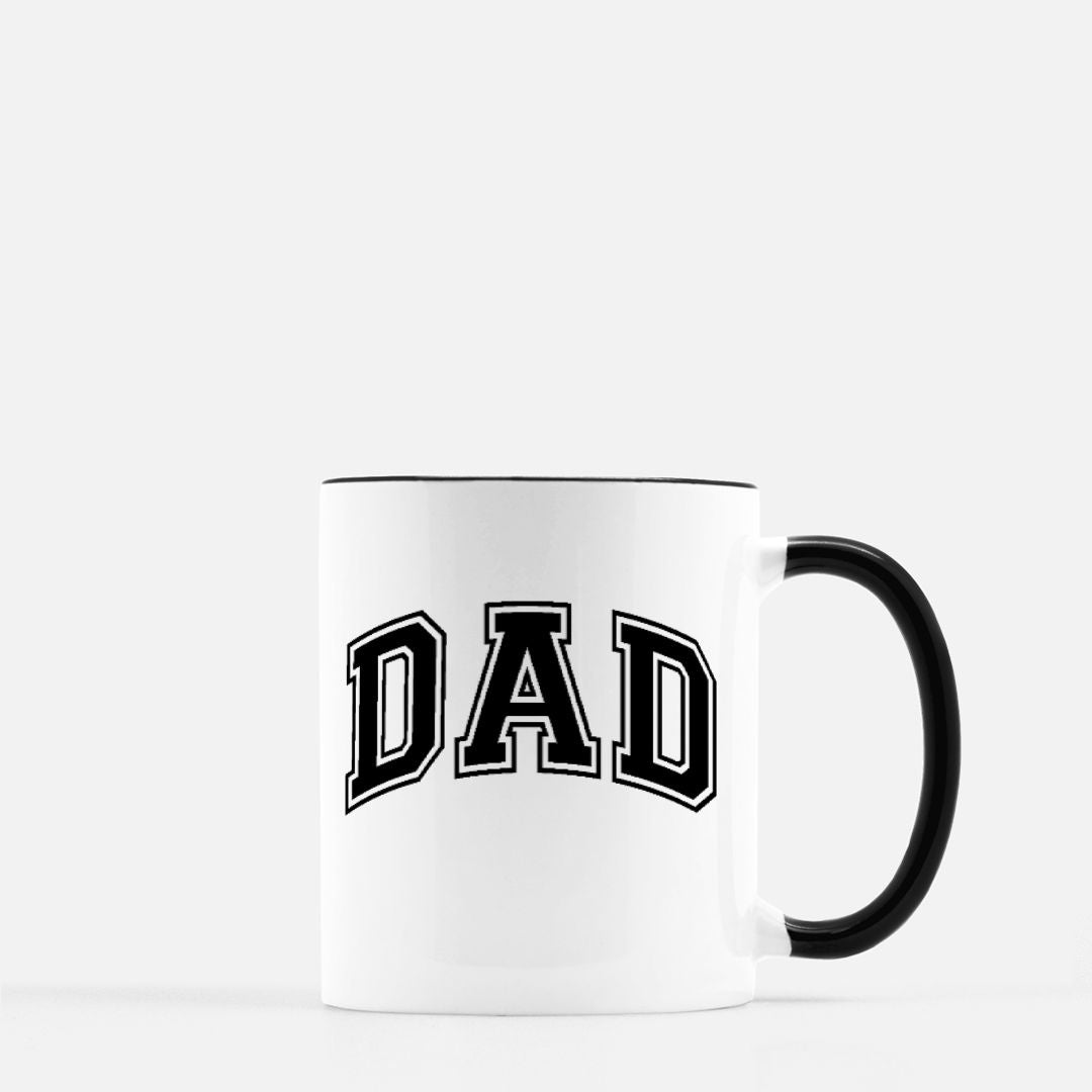 White ceramic mug, black handle and interior, perfect for coffee, tea, or lattes, available in one or two-sided designs, 11 oz capacity, 3.75" tall x 3.25" wide, dishwasher safe, microwave safe, classic style for daily use, ideal gift or personal use.