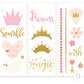 Princess-themed temporary tattoos featuring pretty pinks and gold foil accents. Includes 40 tattoos, 2 of each design, perfect for party favors or use at the event. Add them to Princess Castle Favor Boxes for a magical fairy tale party experience.