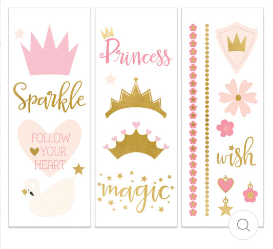 Princess-themed temporary tattoos featuring pretty pinks and gold foil accents. Includes 40 tattoos, 2 of each design, perfect for party favors or use at the event. Add them to Princess Castle Favor Boxes for a magical fairy tale party experience.