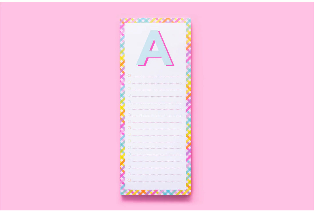 Personalized Letter List Pads measuring 4" x 10", featuring 100 lined sheets, a magnet on the back for easy attachment, and shrink-wrap packaging, making them an ideal gift for friends, family, or coworkers.