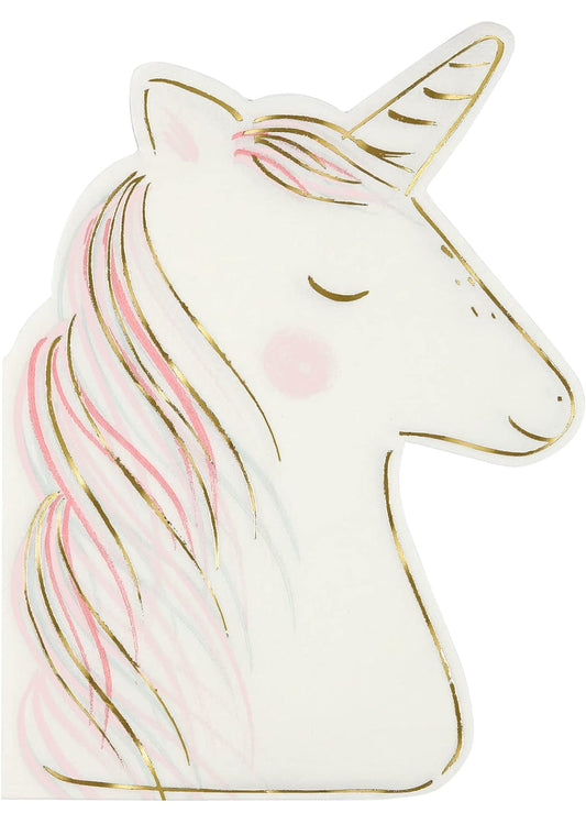 Unicorn-shaped napkins featuring neon print and gold foil details. Perfect for creating a magical fairytale party atmosphere. Includes 16 high-quality napkins, measuring 125mm x 180mm. Adorable and durable, ideal for cleaning up party messes."