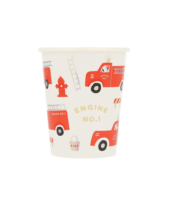 Firefighter-themed cups with silver holographic foil details, perfect for serving drinks or treats at kids' parties. Pack of 8, suitable for both hot and cold beverages.