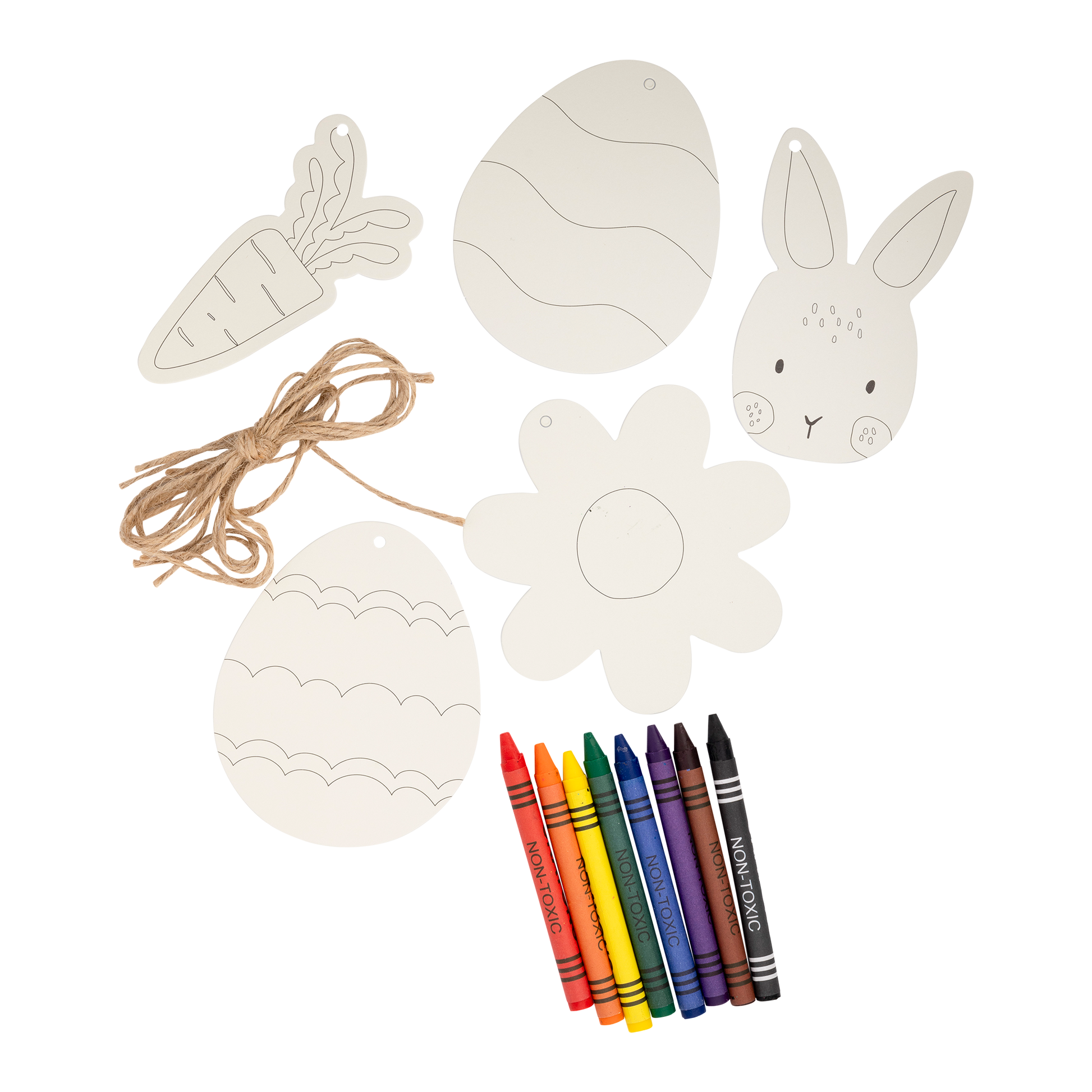 Easter Ornament Activity – 5 wood ornaments, 8 crayons, 5 strings, fun coloring craft for Easter celebrations.