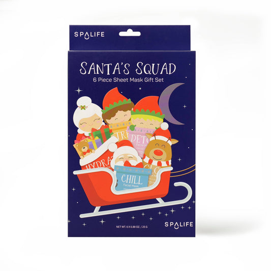 Santa’s Squad Sheet Mask Set with Peppermint & Cocoa. Hydrate, brighten, & soothe winter skin. Perfect for holiday gifting! Sulfate & paraben free.