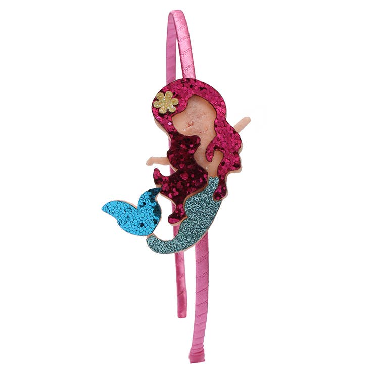 Swimming glitter mermaids headbands featuring matching satin wrapped hard headbands for kids, perfect for dress-up, parties, and imaginative play. Adorned with sparkling glitter designs, these headbands are comfortable and stylish, making them ideal accessories for young mermaid enthusiasts.