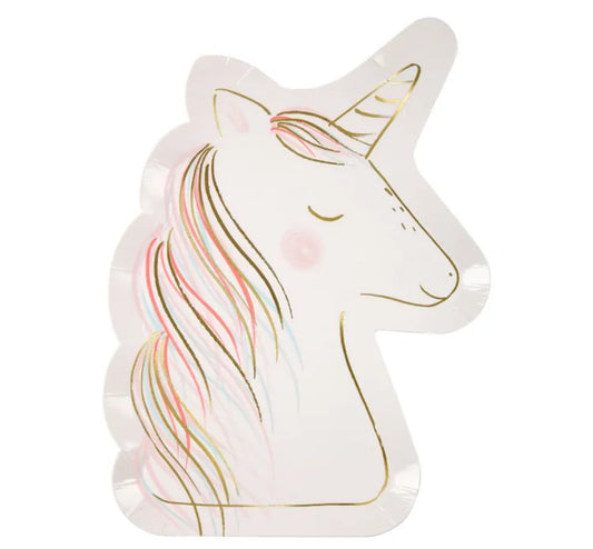 Unicorn-shaped party plates featuring shiny gold foil embellishments and neon print. Perfect for adding a magical touch to any fairytale-themed party. Set includes 8 high-quality plates, measuring 170mm x 230mm, ideal for dessert or snacks.