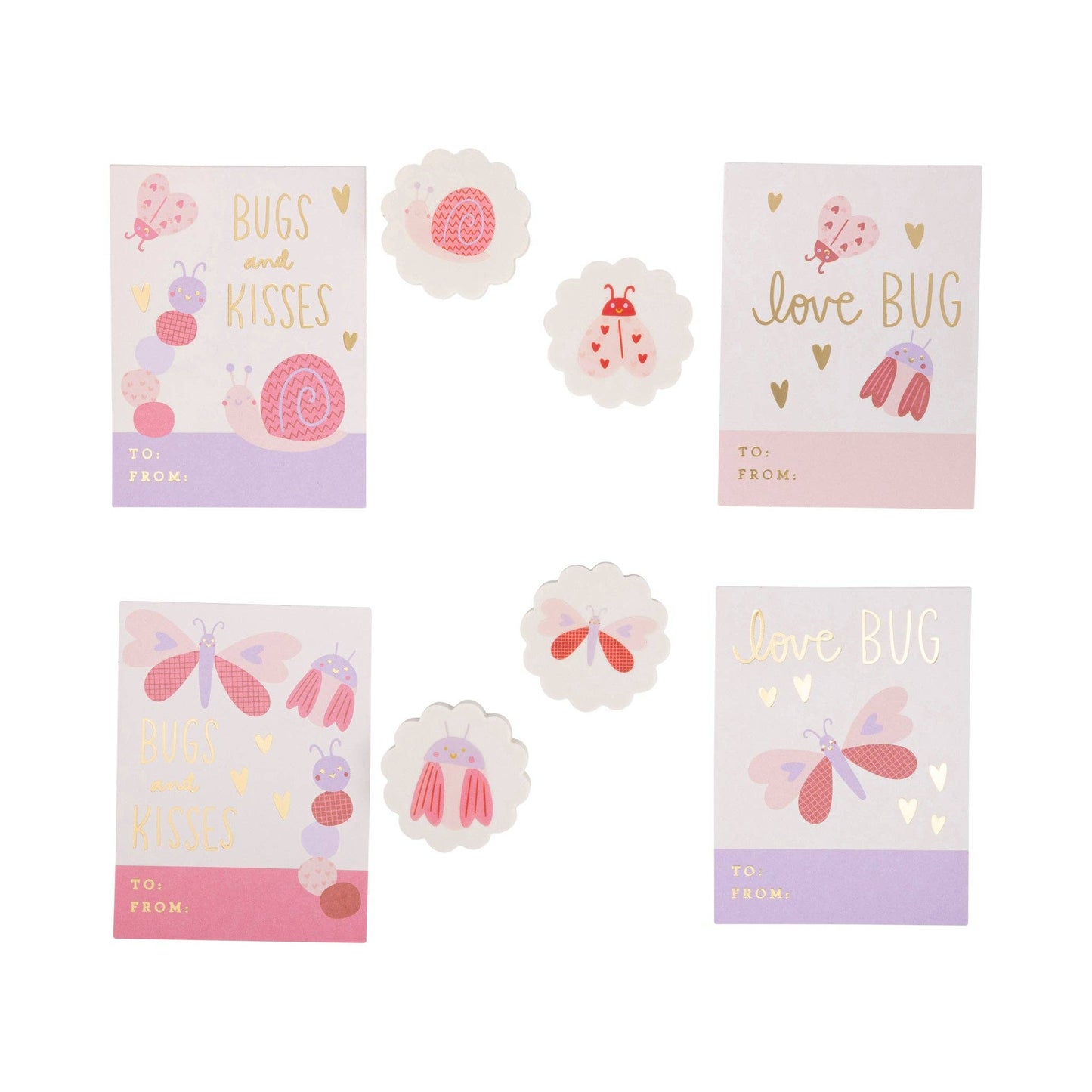 Love Bug Valentine's Day cards with 12 cards and 12 erasers, featuring cute love bug designs for kids to share.