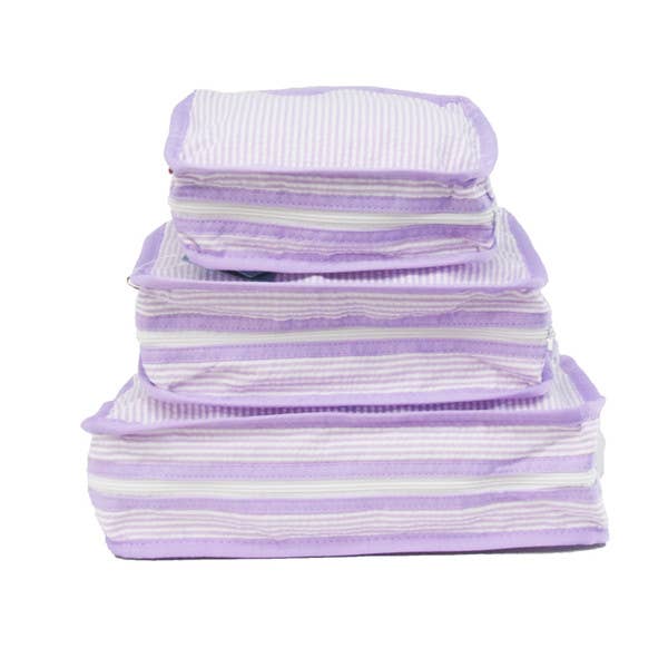 Lilac Seersucker stacking set for travel, organization, diaper bags, and college essentials, washable.