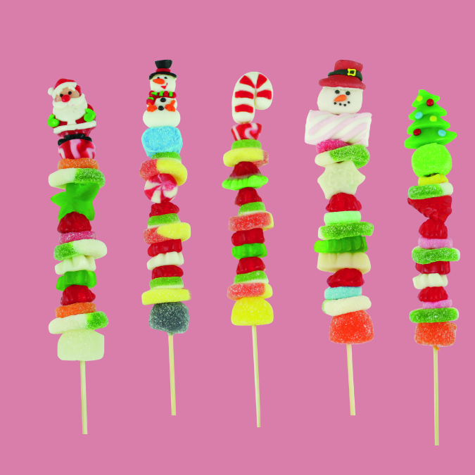 Colorful Christmas-Themed Gummy Kabobs in Clear Cello Packaging, 2.9 oz and 10 inches, Featuring a Variety of Sweet Gummy Characters